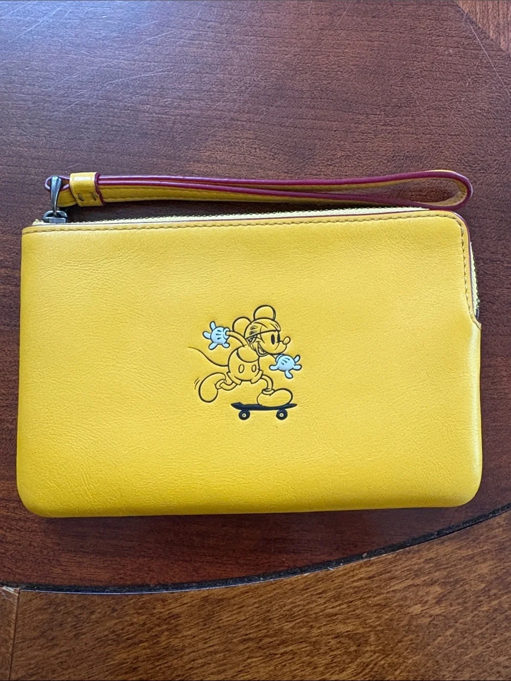 Coach x Disney Skateboarding Mickey Mouse Yellow Leather Corner Zip Wristlet EUC